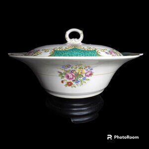 Myott Covered Serving Bowl Coronation Rose 9" Green 4258 Signed L Callibotte